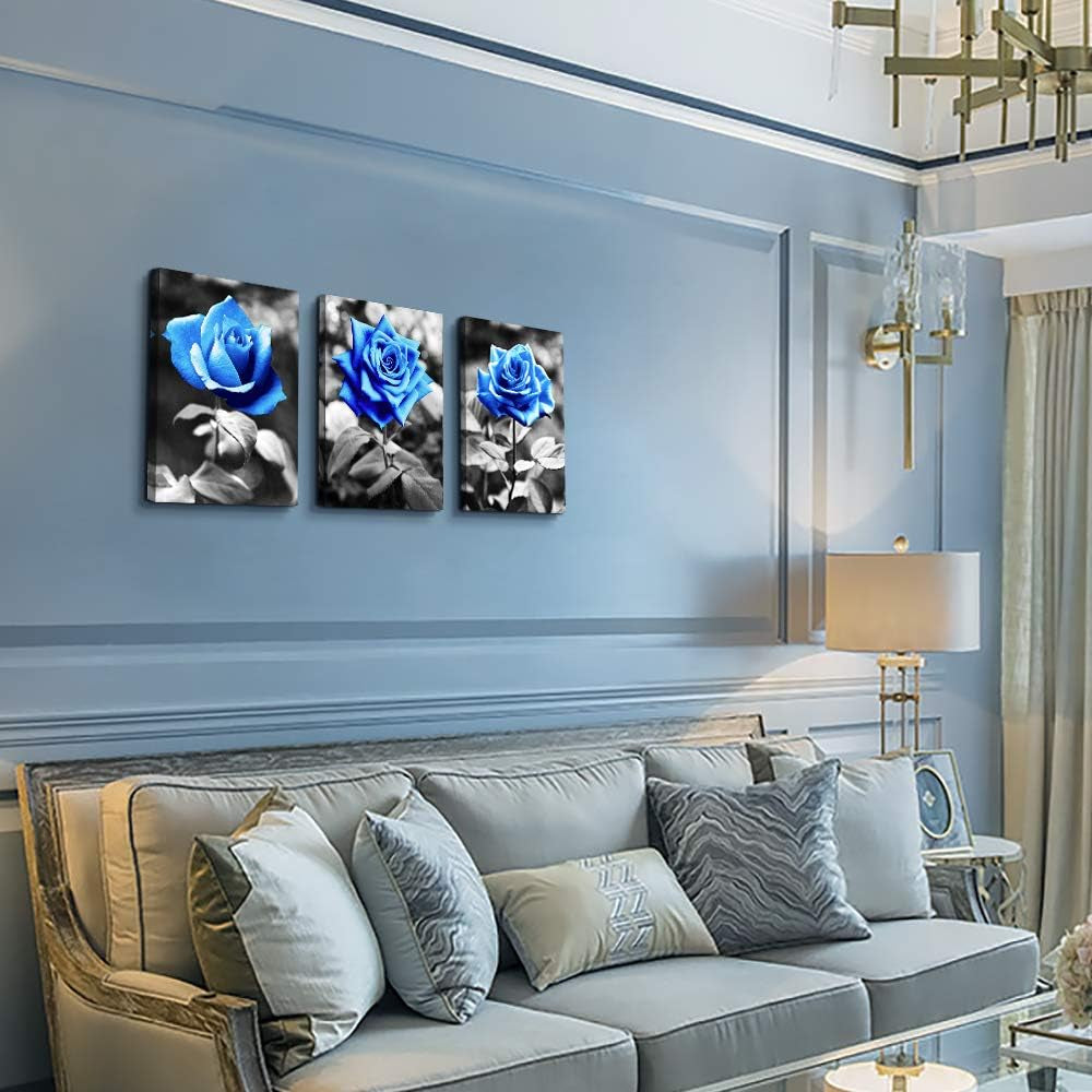 Canvas Wall Art for Living Room Family Wall Decor for Bedroom Black and White Pictures Artwork Blue Rose Flowers Wall Paintings Modern Office Bathroom Kitchen Wall Decorations 12" X 16" 3 Pieces