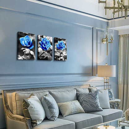 Canvas Wall Art for Living Room Family Wall Decor for Bedroom Black and White Pictures Artwork Blue Rose Flowers Wall Paintings Modern Office Bathroom Kitchen Wall Decorations 12" X 16" 3 Pieces