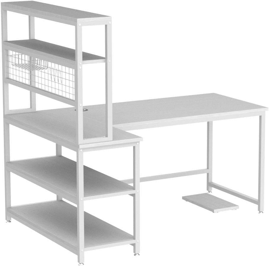 55" Large Computer Desk with Wireless Charging 5 Storage Shelves, Office Desk Study Table Writing Desk Workstation with Hutch Bookshelf for Home Office (All White)