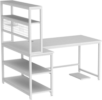 55" Large Computer Desk with Wireless Charging 5 Storage Shelves, Office Desk Study Table Writing Desk Workstation with Hutch Bookshelf for Home Office (All White)