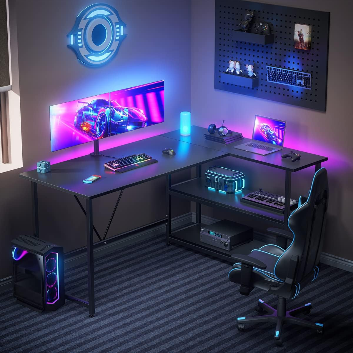 51 Inch L Shaped Gaming Desk Small Reversible Corner Gaming Computer Desk with Storage Shelves for Home Office PC Workstation Laptop Table, Black
