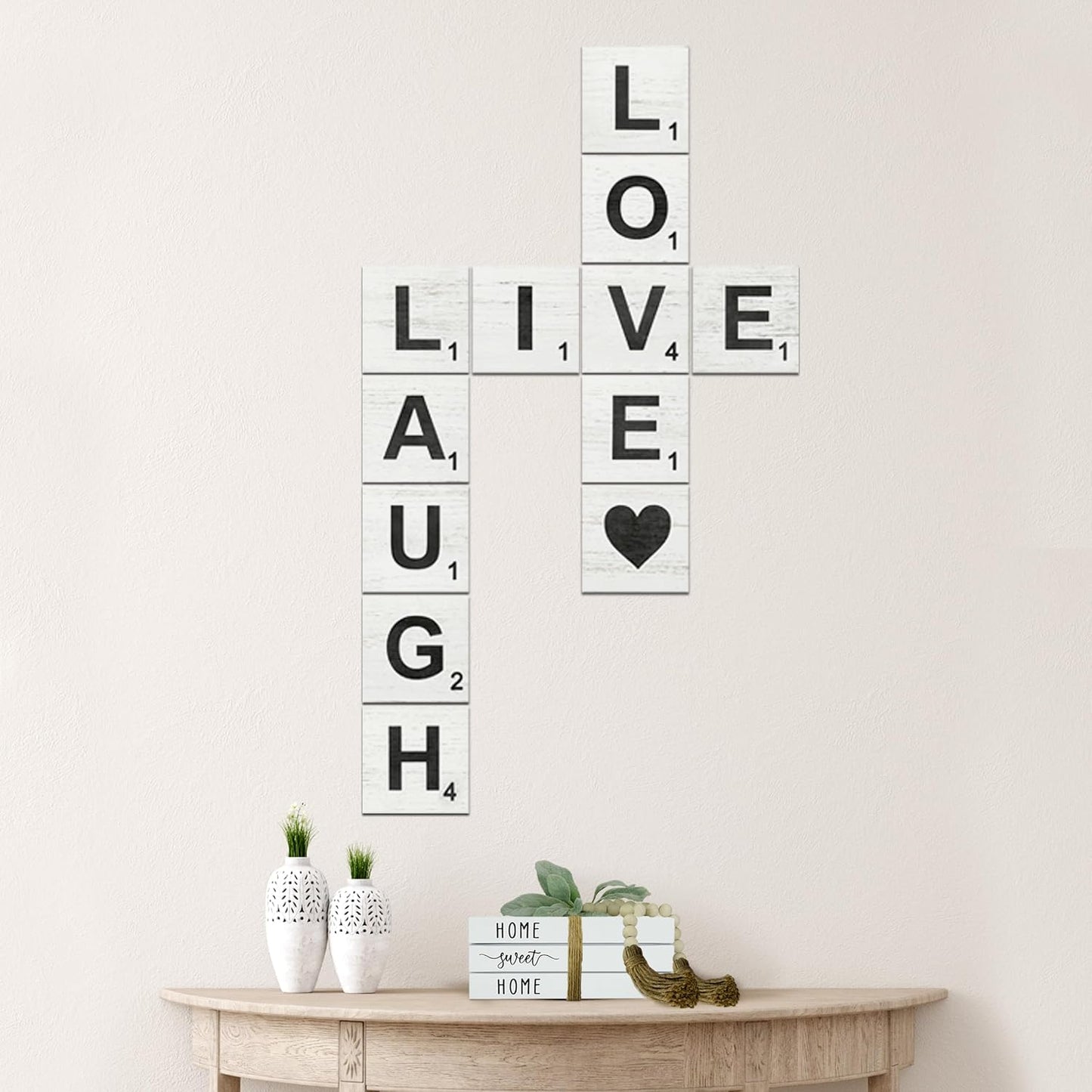 Live, Laugh, Love - Large Rustic Crossword Tiles for Wall Decor, Big Decorative Square Wooden Letters for Wall Art, Farmhouse Kitchens, Living Rooms, Bedrooms - 5" X 5"