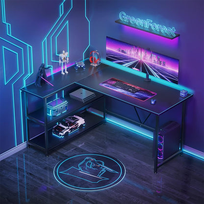 51 Inch L Shaped Gaming Desk Small Reversible Corner Gaming Computer Desk with Storage Shelves for Home Office PC Workstation Laptop Table, Black