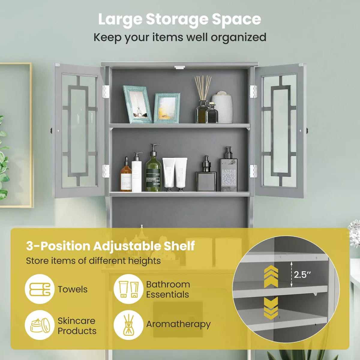 Costway over the Toilet Storage room Spacesaver Cabinet Tower Organizer Shelf & Doors White/Grey