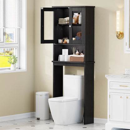 over the Toilet Storage Cabinet Bathroom Shelves Organizer Space Saver Freestanding Restroom Shelf with Tempered Glass Doors Anti-Tip Device Adjustable Shelf Black