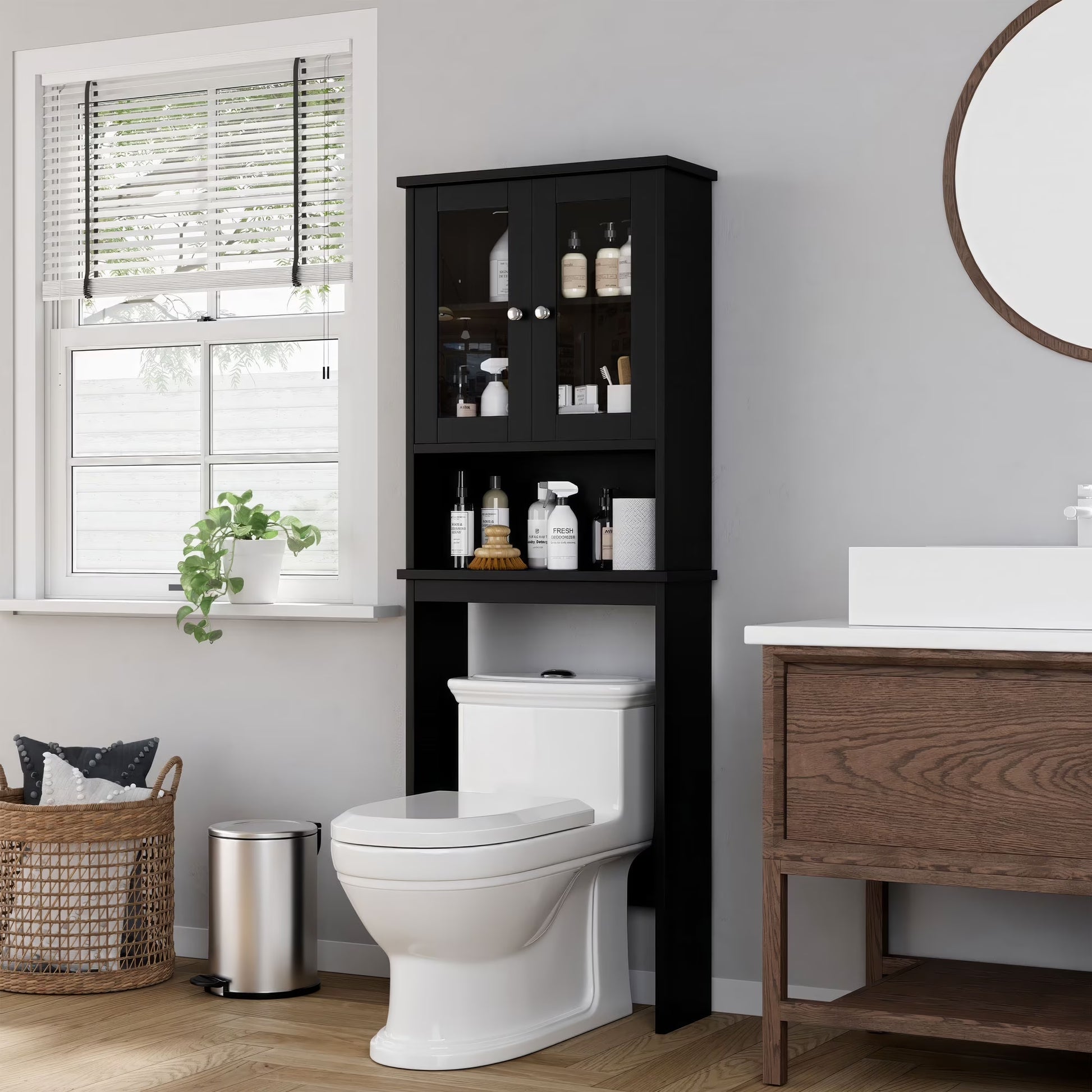 over the Toilet Storage Cabinet Bathroom Shelves Organizer Space Saver Freestanding Restroom Shelf with Tempered Glass Doors Anti-Tip Device Adjustable Shelf Black
