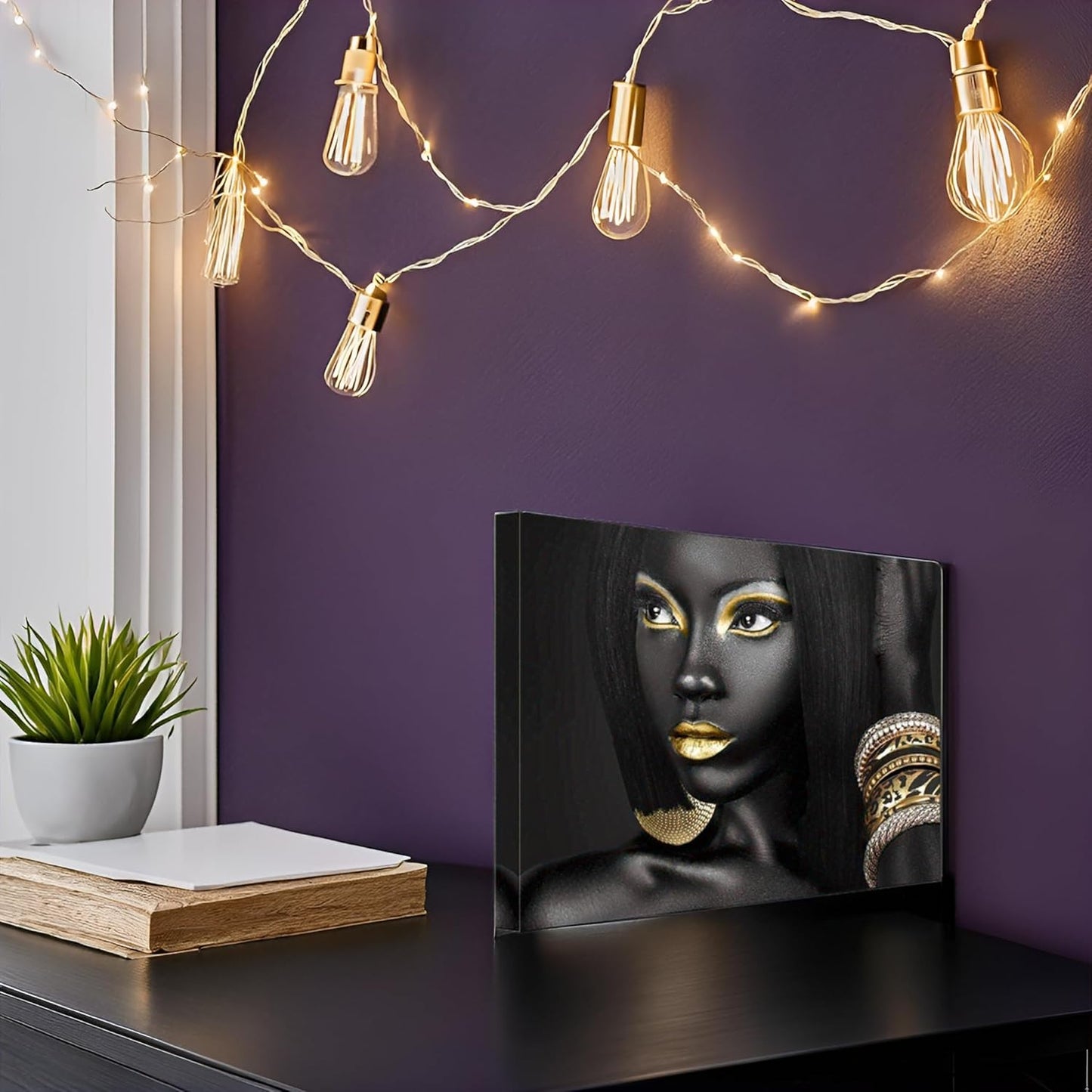 Black Woman Portrait Artwork Egyptian Queen Gallery Poster Print Living Room Wall Art African Girl Black and Gold Picture Home Office Decor Bedroom Wall Decor 12X16Inch