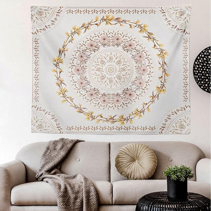 Orange Bohemian Tapestry Wall Hanging, Mandala Floral Medallion Hippie Tapestry with Light Brown Aesthetic Wreath Design, Cream Wall Decor Blanket for Bedroom Home Dorm