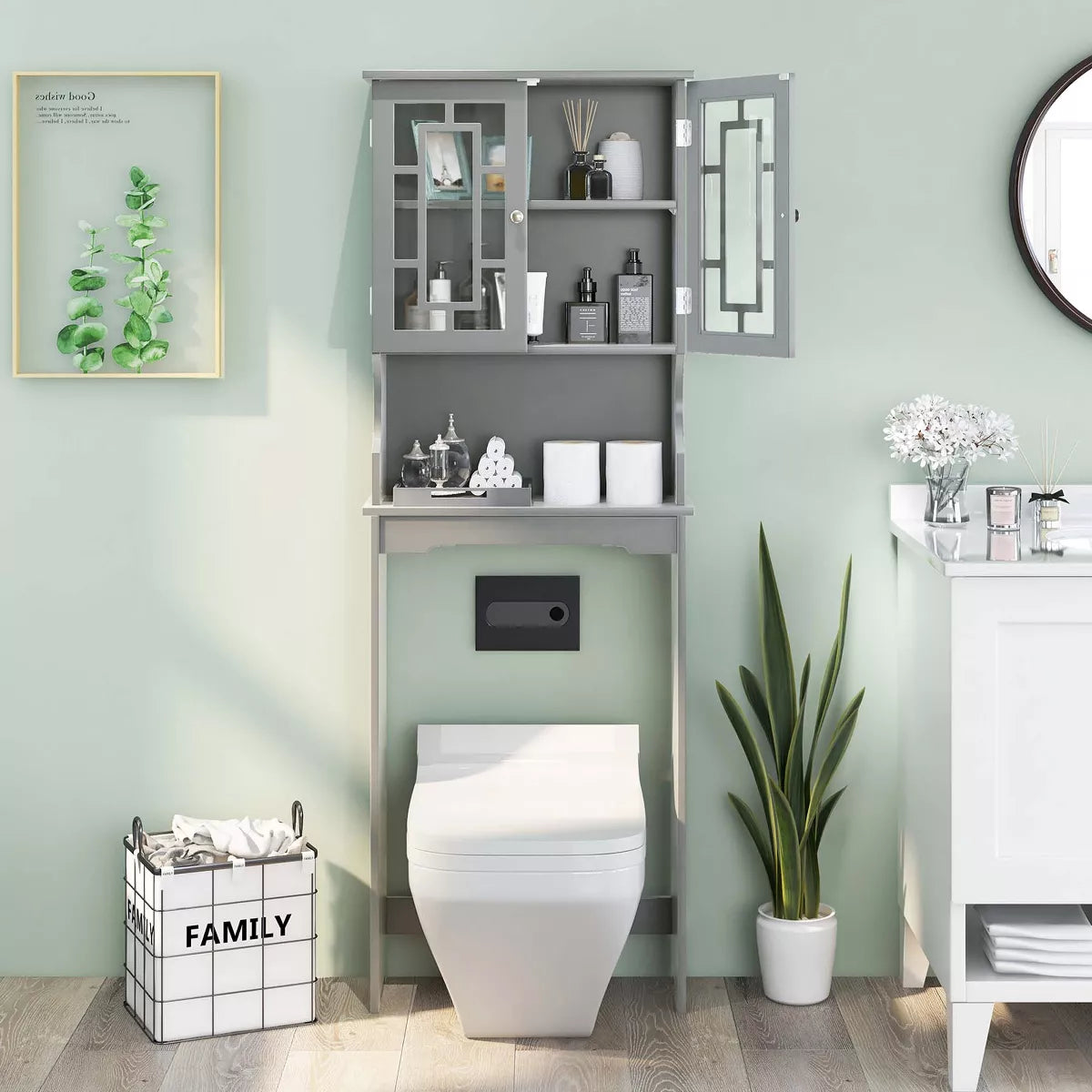 Costway over the Toilet Storage room Spacesaver Cabinet Tower Organizer Shelf & Doors White/Grey