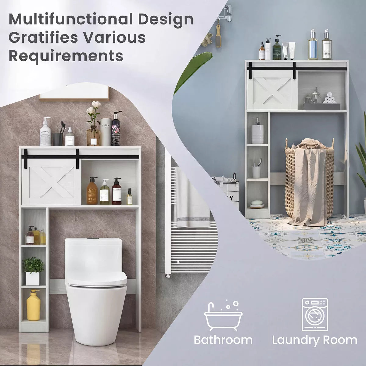 Costway over the Toilet room Storage Cabinet with Sliding Barn Door & Shelves White