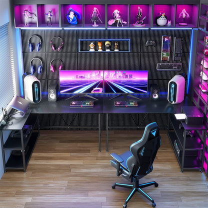 51 Inch L Shaped Gaming Desk Small Reversible Corner Gaming Computer Desk with Storage Shelves for Home Office PC Workstation Laptop Table, Black