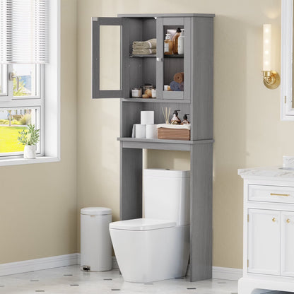 over the Toilet Storage Cabinet Bathroom Shelves Organizer Space Saver Freestanding Restroom Shelf with Tempered Glass Doors Anti-Tip Device Adjustable Shelf Gray