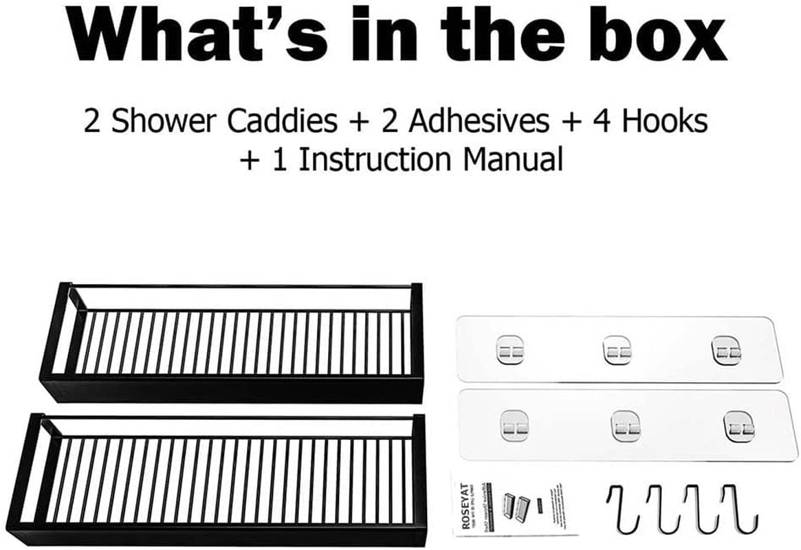 Shower Caddy, Adhesive Shower Organizer with Hooks, Shower Shelves for inside Shower, No Drilling Shower Rack Holder, Shower Storage for Bathroom, Kitchen Spice Rack-2 Pack Black
