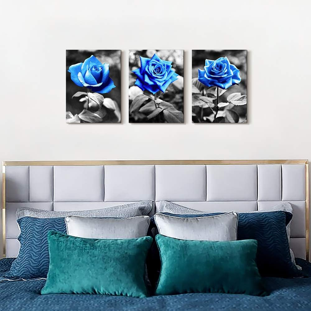 Canvas Wall Art for Living Room Family Wall Decor for Bedroom Black and White Pictures Artwork Blue Rose Flowers Wall Paintings Modern Office Bathroom Kitchen Wall Decorations 12" X 16" 3 Pieces