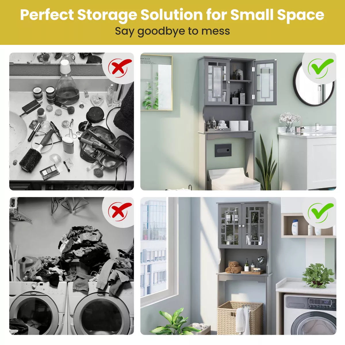 Costway over the Toilet Storage room Spacesaver Cabinet Tower Organizer Shelf & Doors White/Grey