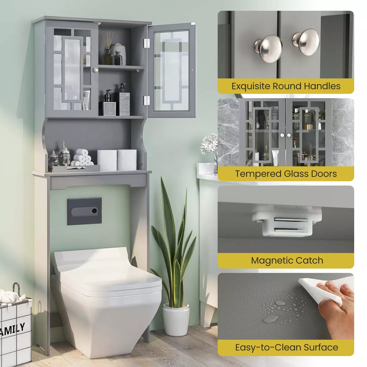 Costway over the Toilet Storage room Spacesaver Cabinet Tower Organizer Shelf & Doors White/Grey