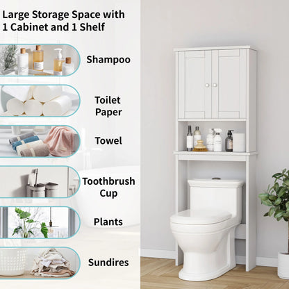 over the Toilet Storage Cabinet Bathroom Shelves Organizer Space Saver Freestanding Restroom Shelf with Doors Anti-Tip Device Adjustable Shelf White