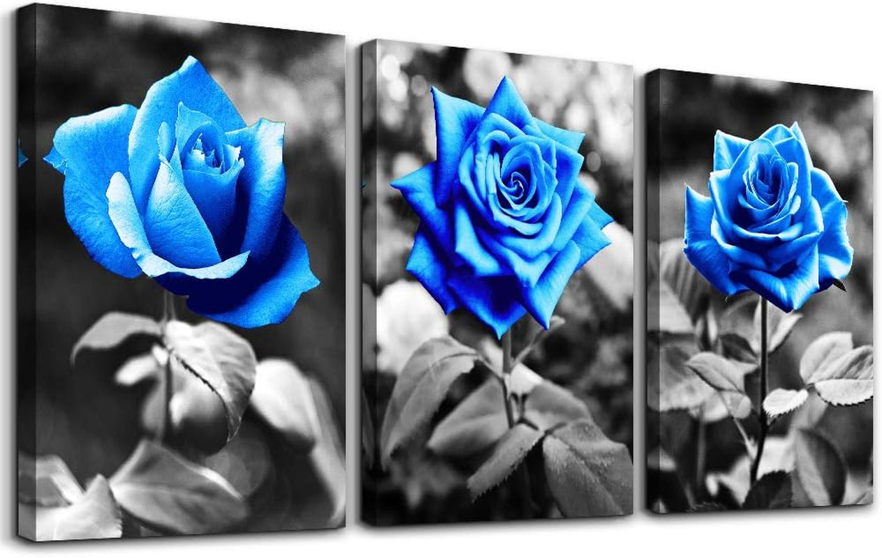 Canvas Wall Art for Living Room Family Wall Decor for Bedroom Black and White Pictures Artwork Blue Rose Flowers Wall Paintings Modern Office Bathroom Kitchen Wall Decorations 12" X 16" 3 Pieces