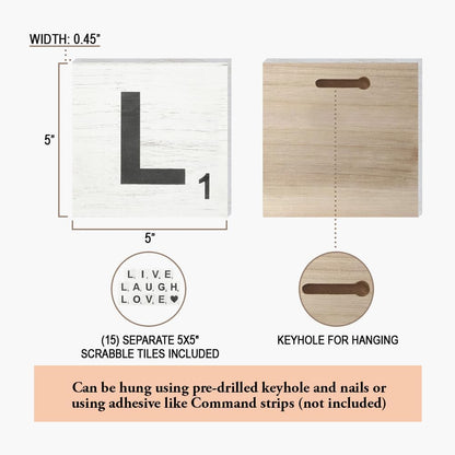 Live, Laugh, Love - Large Rustic Crossword Tiles for Wall Decor, Big Decorative Square Wooden Letters for Wall Art, Farmhouse Kitchens, Living Rooms, Bedrooms - 5" X 5"