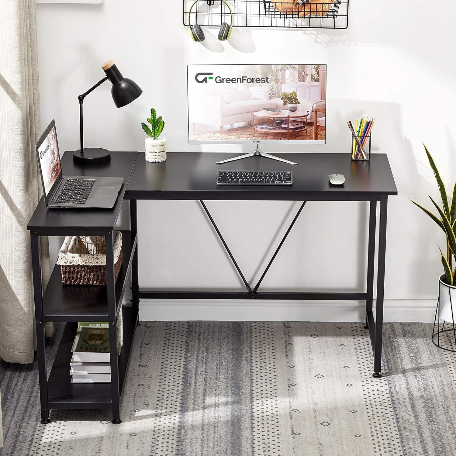 51 Inch L Shaped Gaming Desk Small Reversible Corner Gaming Computer Desk with Storage Shelves for Home Office PC Workstation Laptop Table, Black