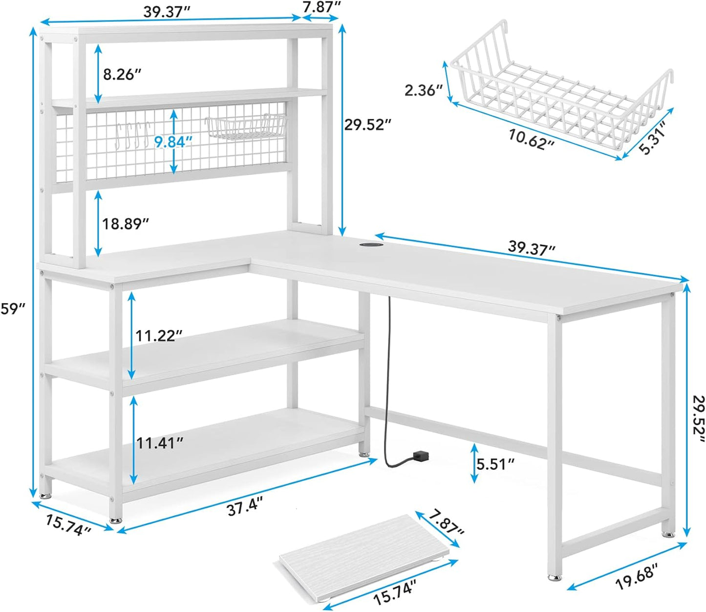 55" Large Computer Desk with Wireless Charging 5 Storage Shelves, Office Desk Study Table Writing Desk Workstation with Hutch Bookshelf for Home Office (All White)